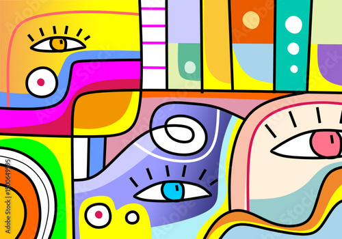 Colorful abstract cubism faces artwork featuring expressive eyes, geometric shapes, and modern decorative lines.