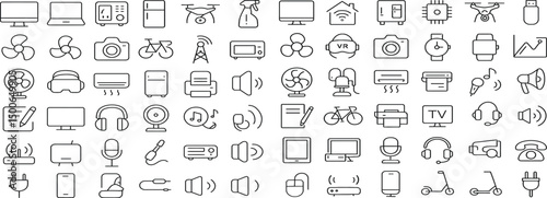 Devices Icon Set—Editable Stroke Line Icons Featuring Electronics, Smart Home Appliances, Technology Gadgets, Computers, Smartphones, Tablets, Laptops, Drones, TVs, Cameras, Gaming Controllers