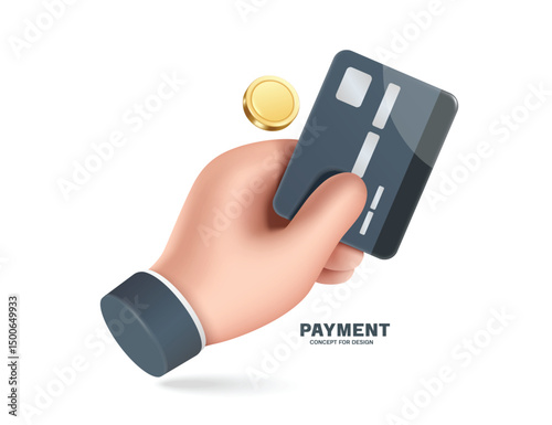 Left hand hold black credit card to pay for purchases or transfer money to pay for various services, vector 3d illustration isolated for financial, online shopping concept design, vector minimal style