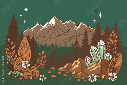 Create a vector illustration of rich brown earth, textured and detailed, featuring a silhouetted mountain range in the background.  Focus on realistic earth tones.