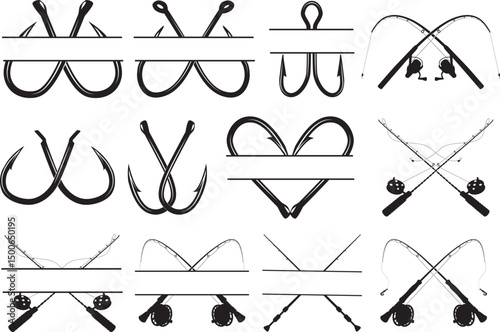 Fishing Split Frame, Fishing Pole Monogram, Fishing Hook, Fishing Rod Cut File