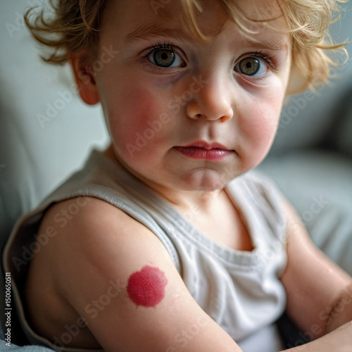 Photograph of a red spot on a 3-year-old baby's arm.
