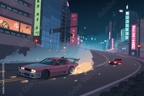 Create a vector illustration of a street drift battle at night, featuring cars drifting, neon city lights, and glowing tire smoke trails.