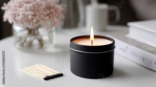 Wallpaper Mural Lit candle in black tin, next to matches and dried flowers, creating a calm and relaxing atmosphere, showcasing a simple yet elegant scene Torontodigital.ca