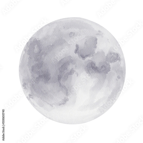 Full moon. Big round white moon with grey spots. Watercolor illustration isolated from background. Hand drawing. spots, stains. Realistic romantic illustration.