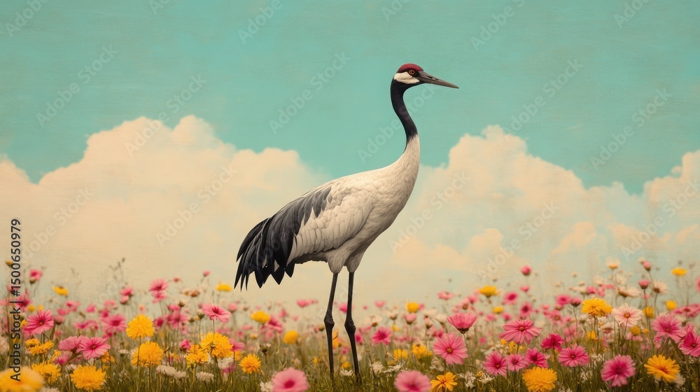Obraz premium A crane stands gracefully among colorful wildflowers under a bright sky with scattered clouds.