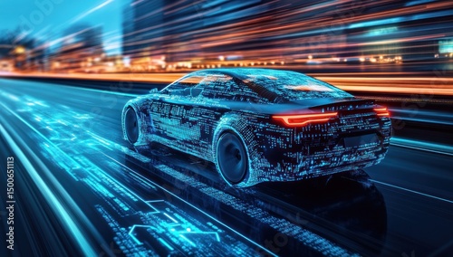 Futuristic Electric Car Speeding Through City at Night