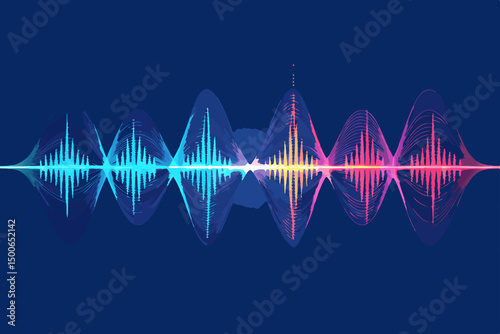 Vivid illustration of AI voice recognition technology;  bold sound waves &  processing data visualized as vibrant waveforms.