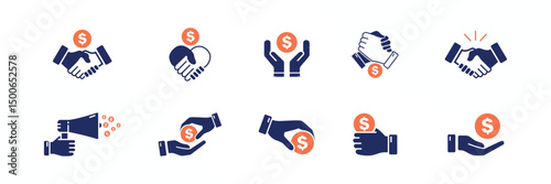 Business Deal and Money Transaction Icon Set - Modern Vector Handshake, Payment and Funding Symbols