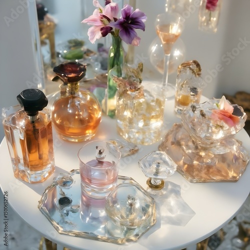A photo of several perfume bottles on a dressing table.