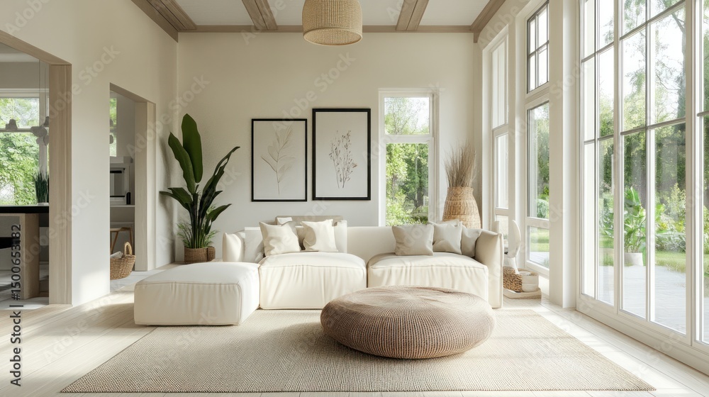 Fototapeta premium Bright and airy living room featuring a modern sofa, natural light, and minimalist decor