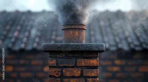 Brick chimney emits dark smoke against tile roof, indicating pollution