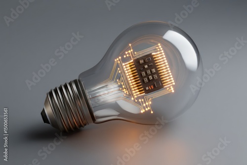 Light bulb symbolizing tech progress, enhanced by a microchip designed for intelligent functions.