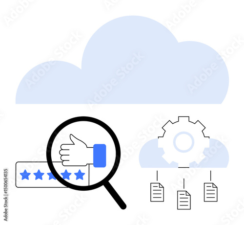 Magnifying glass highlighting feedback rating with thumbs-up, cloud graphic, gear icon, and file storage setup. Ideal for cloud computing, analytics, feedback systems, process optimization, data