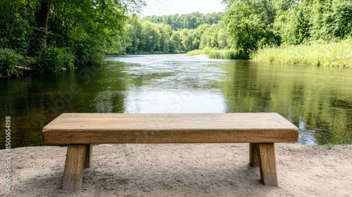 Small wooden bench overlooks peaceful riverbend surrounded by lush greenery photo