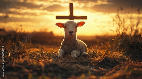 Lamb sitting beneath golden cross symbolizing salvation and divine care