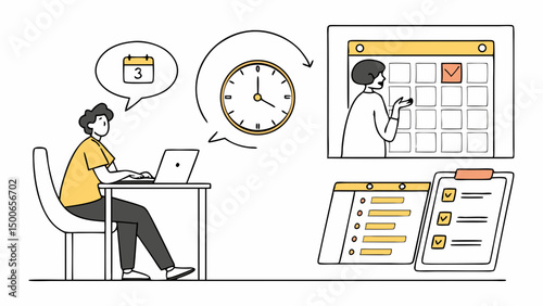 Cartoon vector illustration of a businessman and woman working on laptops at their office desks, highlighting the concept of technology and work