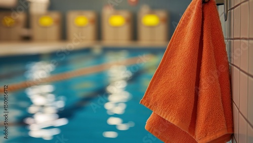 Orange Towel Hanging at the Indoor Swimming Pool