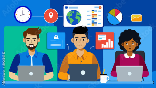 Cartoon vector illustration of business people communicating on a mobile network with speech bubbles, depicting office technology and global internet connection