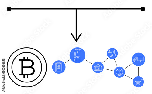 Bitcoin logo linked to supply chain elements document, factory, warehouse, plane, truck, shopping cart, and globe. Ideal for cryptocurrency, logistics transparency decentralization technology