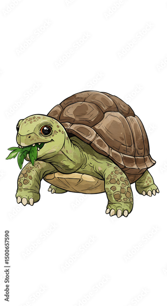 Obraz premium Cute Cartoon Turtle Illustration Eating Leaves isolated trasparent background, png format