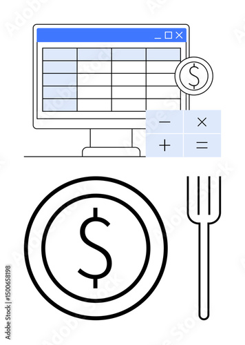 Spreadsheet on monitor with financial data, calculator with operation signs, dollar symbol, and fork. Ideal for budgeting, finance management, digital tools, cost analysis, personal finance business
