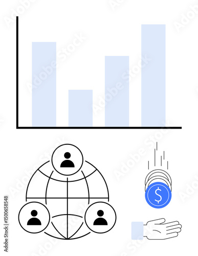 Bar chart representing data analysis, interconnected users on a global network, and coins dropping toward a hand. Ideal for business growth, financial planning, global collaboration, data