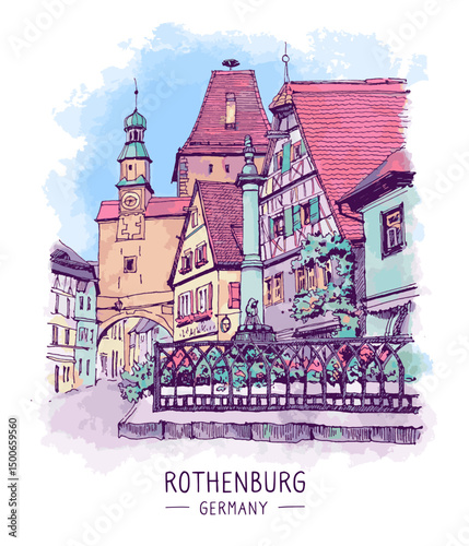 Architecture illustration. An urban colorful sketch of Rothenburg ob der Tauber, Bavaria, Germany. Medieval building, old town. Freehand digital drawing. Hand drawn travel postcard. Watercolor. Vector