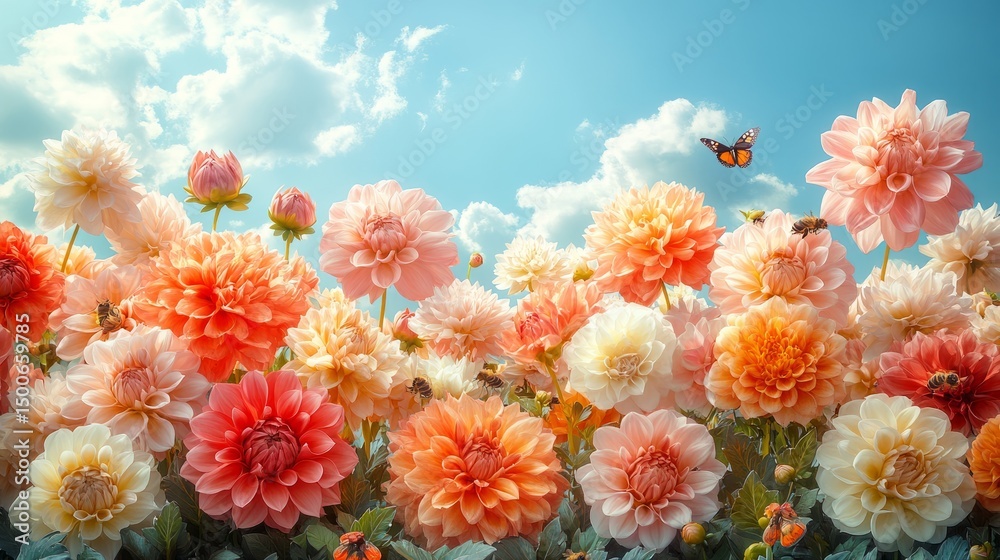 Fototapeta premium Color-splashed floral bed of dahlias in full bloom, with bees and butterflies, framed by blue skies