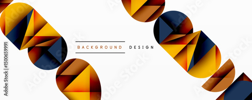 Abstract geometric shapes create dynamic visual flow. Warm colors contrast cool tones, forming modern design element.