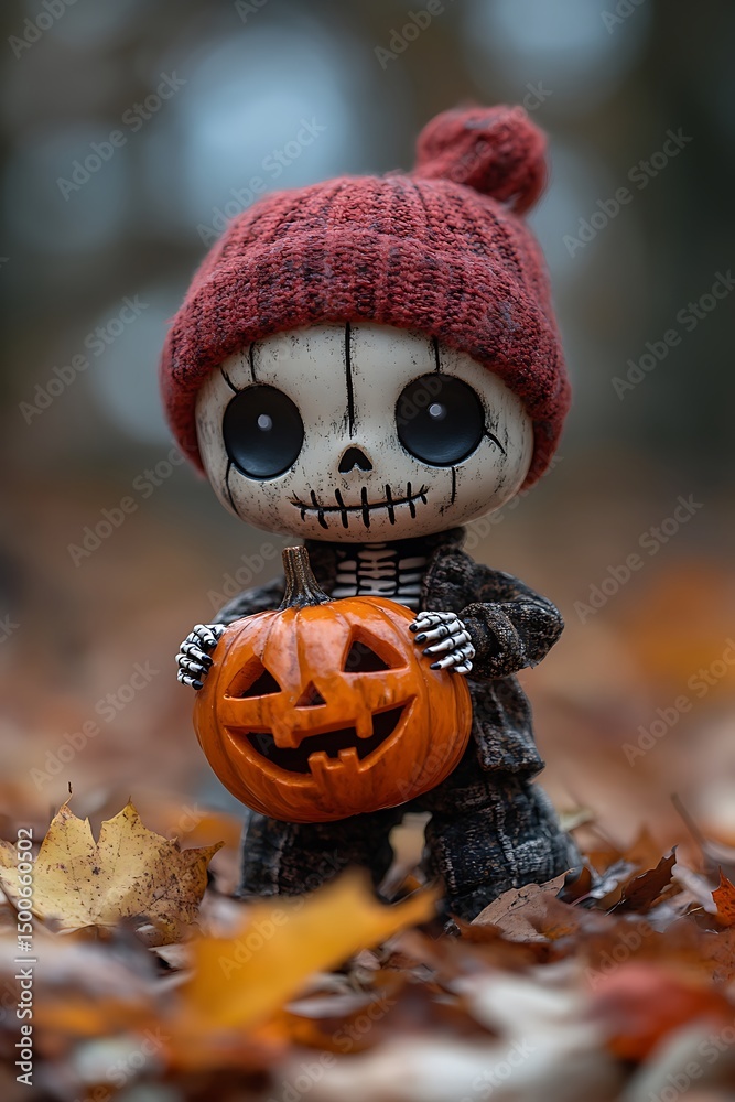 Naklejka premium Cute skeleton holding pumpkin in autumn leaves