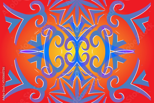 Beautiful glow colour caleidoscope gradient flower line art pattern wallpaper of indonesian traditional abstract batik ethnic dayak ornament for commercial ads