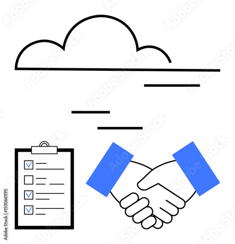 Cloud element, handshake, and checklist highlighting communication, teamwork, trust, success. Ideal for technology, business, agreement collaboration organization partnerships simple landing page