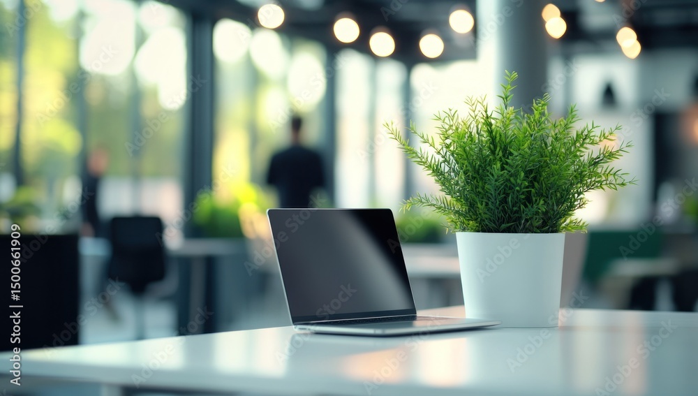 custom made wallpaper toronto digitalLaptop and Plant on Desk in Modern Office