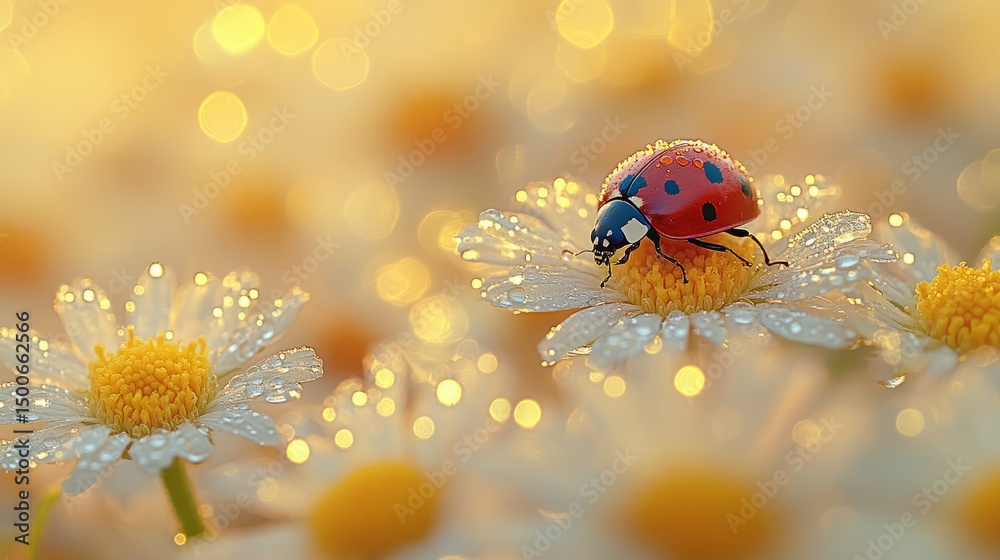 Obraz premium Ladybug on blooming chamomile with dew drops on petals, early morning garden scene