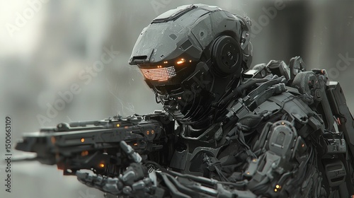 Futuristic soldier concept art with advanced weapon technology and cybernetic suit