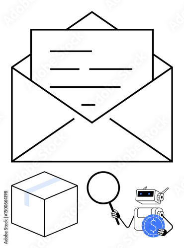 Envelope with letter, sealed box, magnifying glass, robot with coin. Ideal for logistics, delivery, data analysis, finance technology communication customer support. Clean flat simple metaphor