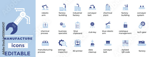 Editable manufacturing vector icons with a clean style, perfect for industry, factory, automation, and tools branding.