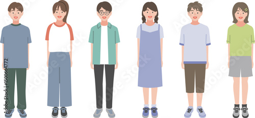 カジュアルな服装の学生の男女　ベタ塗り