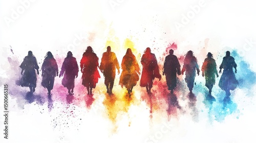 Watercolor illustration of the twelve chosen disciples in the Christian Bible, religious artwork in watercolor