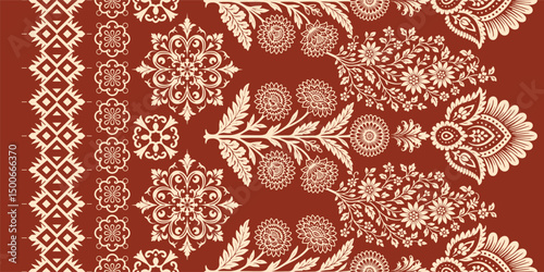 floral pattern vintage ethnic modern embroidery texture boho design vector illustration hand drawn pink flower motif branches leaves wallpaper seamless background border.