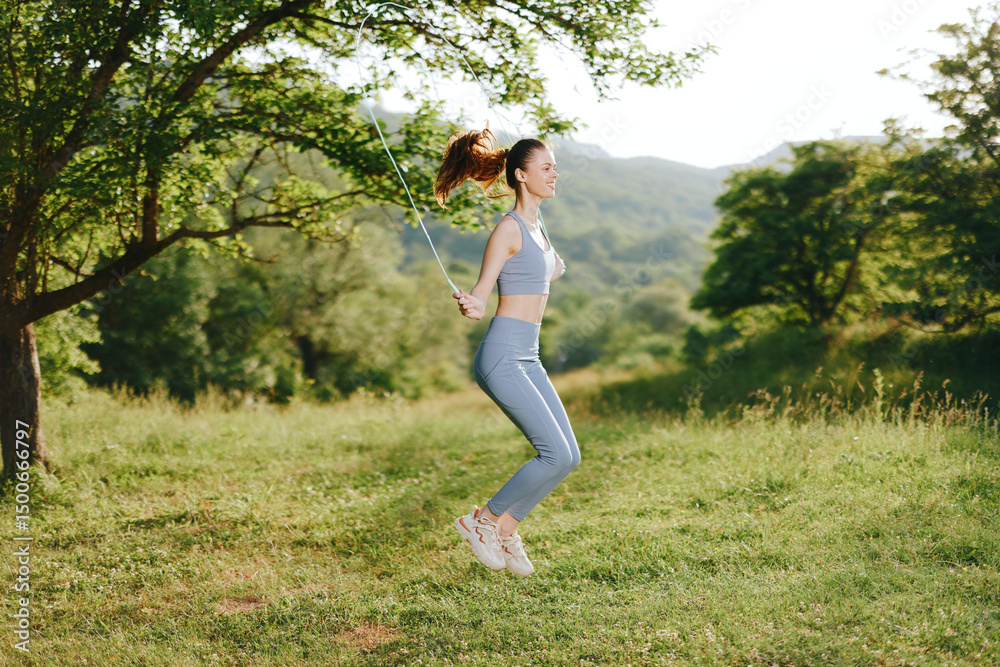Active young woman skipping rope outdoors in lush green nature, embodying vitality and fitness in stylish sportswear Active young woman skipping rope outdoors in lush green nature, embodying vitality and fitness in stylish sportswear