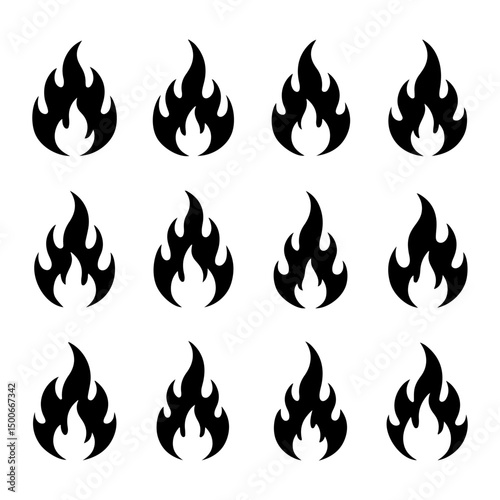 Set of fire flame vector black fire silhouette