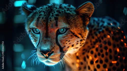 Digital cheetah portrait with glowing circuit patterns and futuristic style