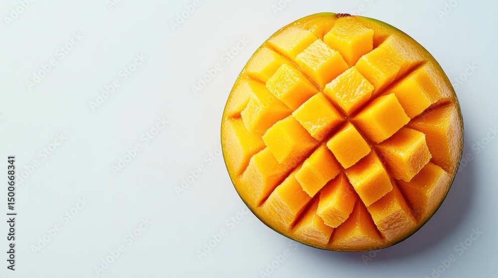 Fototapeta premium Captivating Close Up of Sliced Mango Fruit Displaying Vivid Yellow Tones on Bright Background with Clean Aesthetic