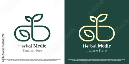 Herbal pill logo design illustration. Green medic leaf plant healthcare linear line silhouette. Abstract minimal nature symbol icon.
