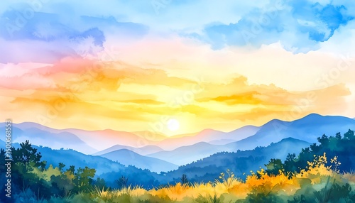 Sunset Mountain Watercolor Landscape - Watercolor effects