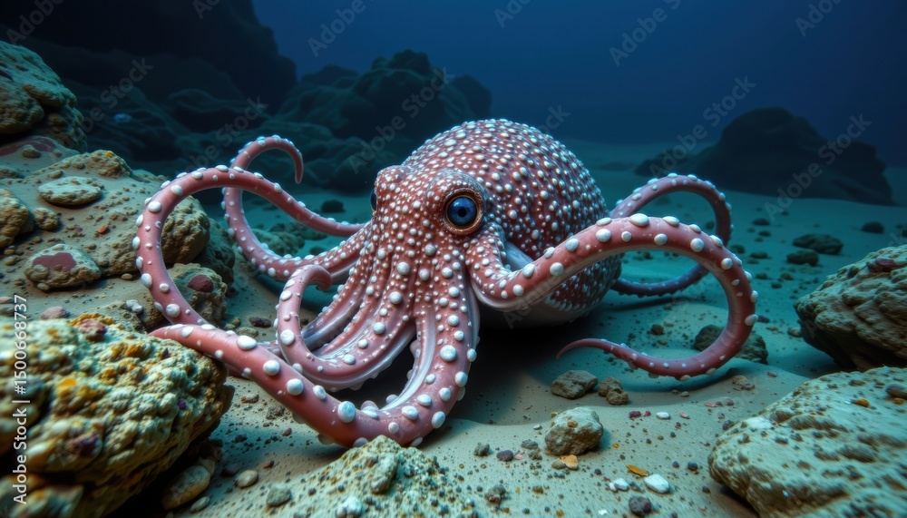 Close-up View of a Colorful Octopus Resting on Sandy Ocean Floor Surrounded by Rocks and Coral, Vibrant Underwater Scene with Blue Background Close-up View of a Colorful Octopus Resting on Sandy Ocean Floor Surrounded by Rocks and Coral, Vibrant Underwater Scene with Blue Background