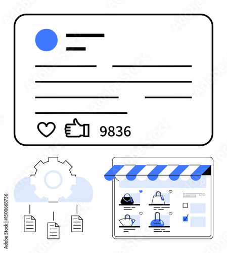 Social profile card with thumbs ups and comments, cloud data linked to documents via gear icon, and online store interface. Ideal for marketing, e-commerce, social media, cloud services, automation