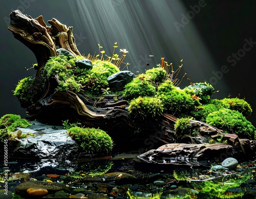 Natural Stone Rock Formation and deadwood with Green Moss and Tropical Plants Isolated on Black Background